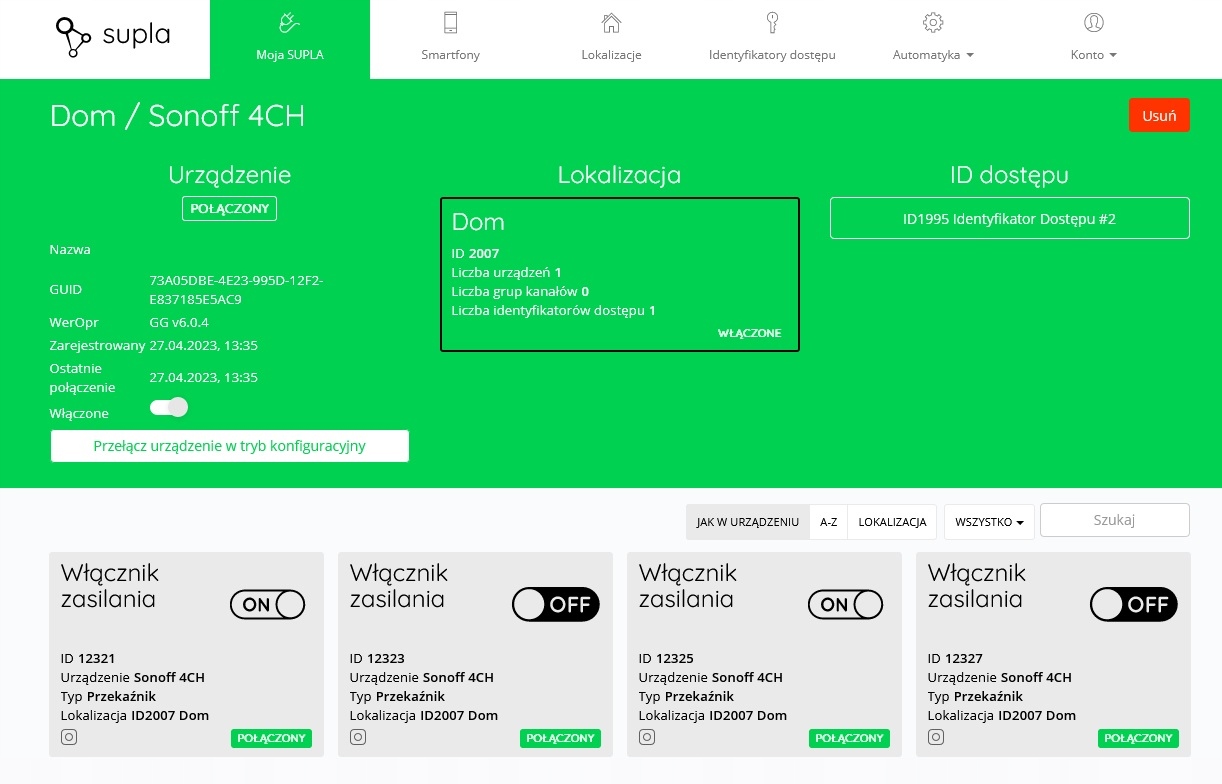 Sonoff 4CH PRO BEZNAPIĘCIOWY 4 Kanały Czujnik Temperatury SUPLA 1x3mb Liczba kanałów łączności 4