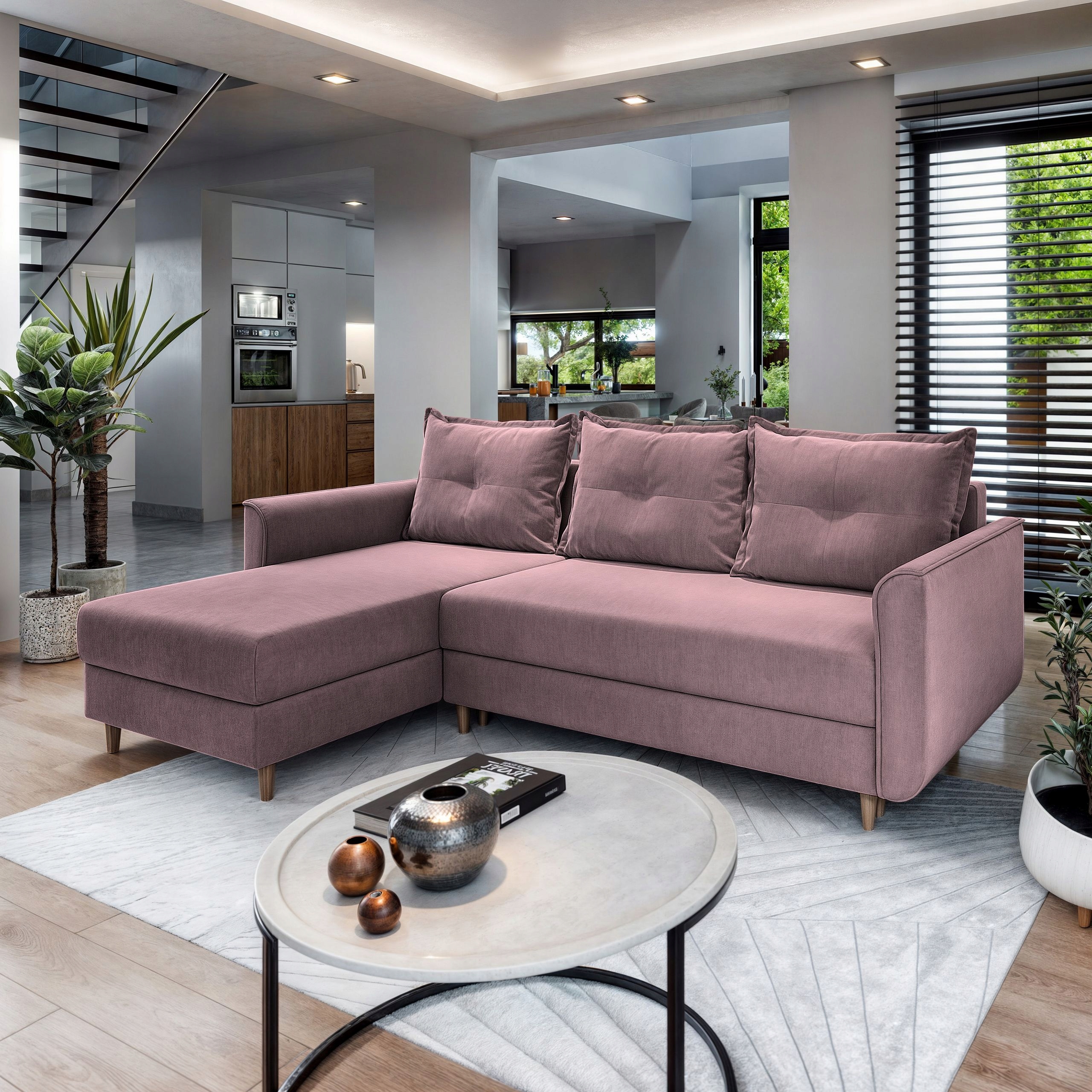 Kampinė sofa PISAN patogi MIEGO FUNKCIJA išskleidžiama PRAKTIŠKA DĖŽĖ