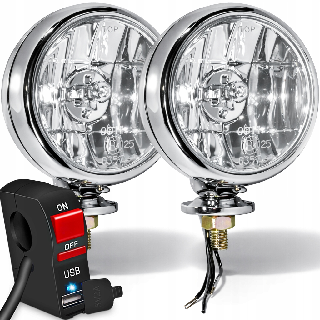 Motocyklové lampy Halogeny H3 55W 12V Silniční 90 mm Usb přepínač