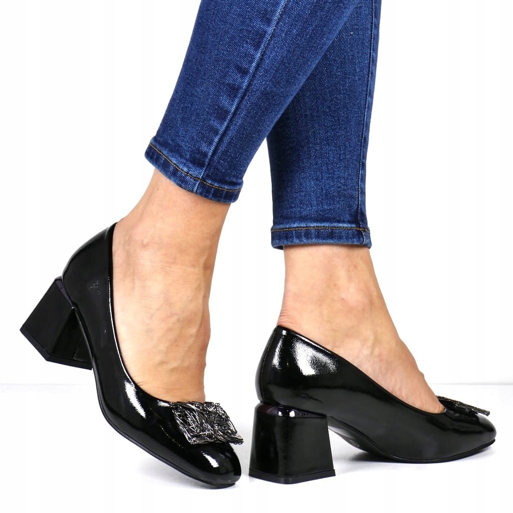 ELEGANCKIE CZÓŁENKA BUTY DAMSKIE NA KLOCKU NISKIM OBCASIE CZARNE LAKIER HOT Marka bez marki
