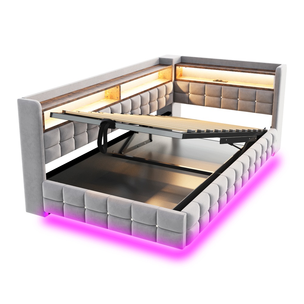 Pohovka postel Čalouněná postel 90x200 hydraulický Led úložný prostor Usb šedá