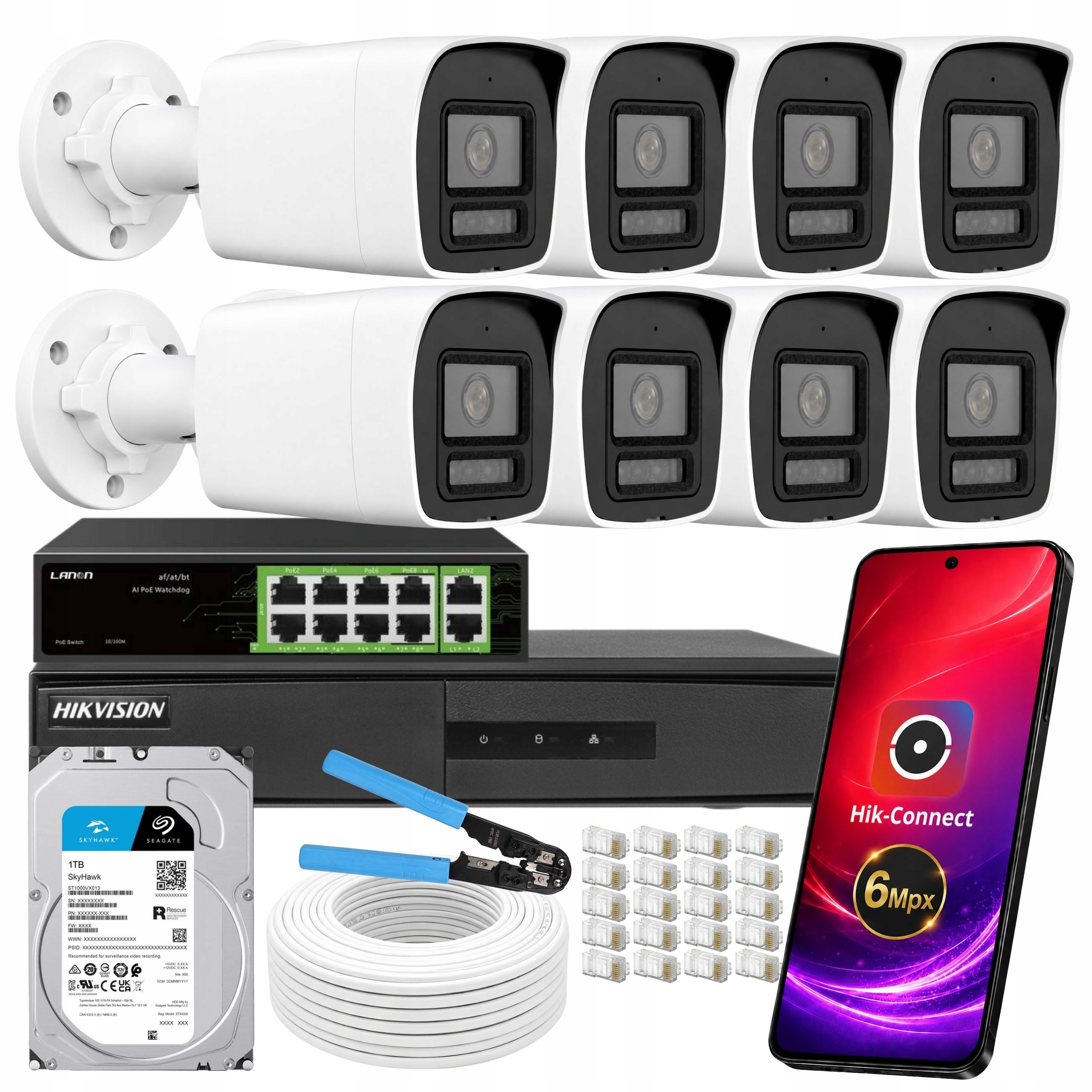 Sada 8 kamier s rekordérom Hikvision Ip PoE 6Mpx farebný disk v noci 1TB