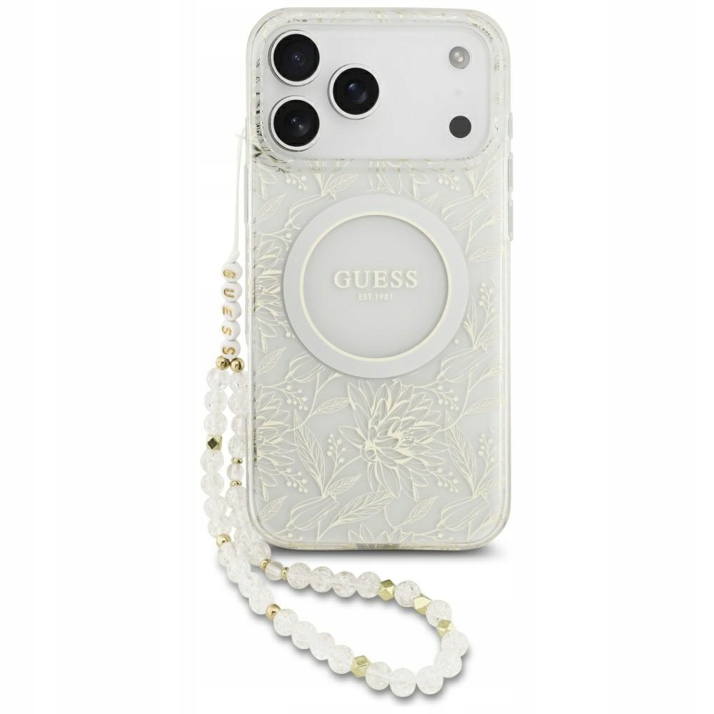 Pouzdro Guess IMLFlowers Electro PearlStrap MagSafe pro iPhone 17 Pro Max, bílé