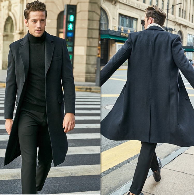 ELEGANCKI DŁUGI MĘSKI PŁASZCZ JESIENNO ZIMOWY Długość przed kolana