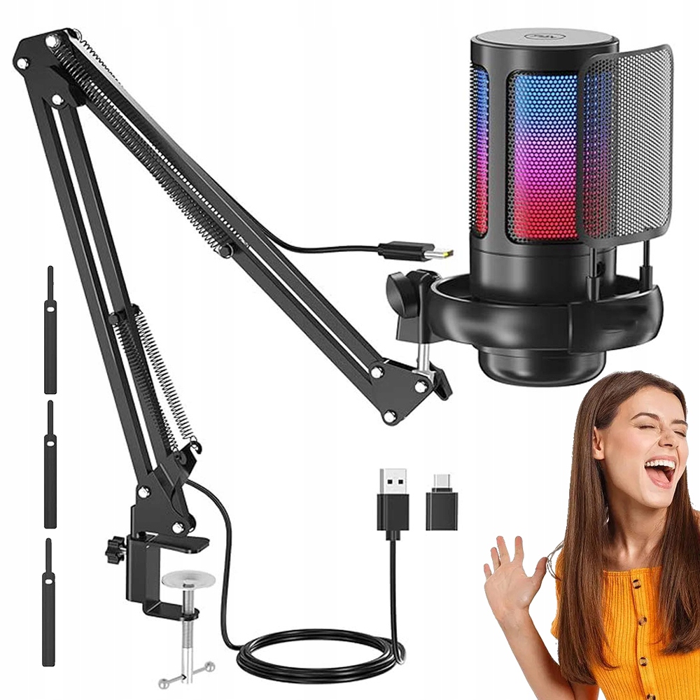 Mikrofon Z Wysięgnikiem Rgb Przycisk Wyciszenia Gamingowy Usb Pop Filtr