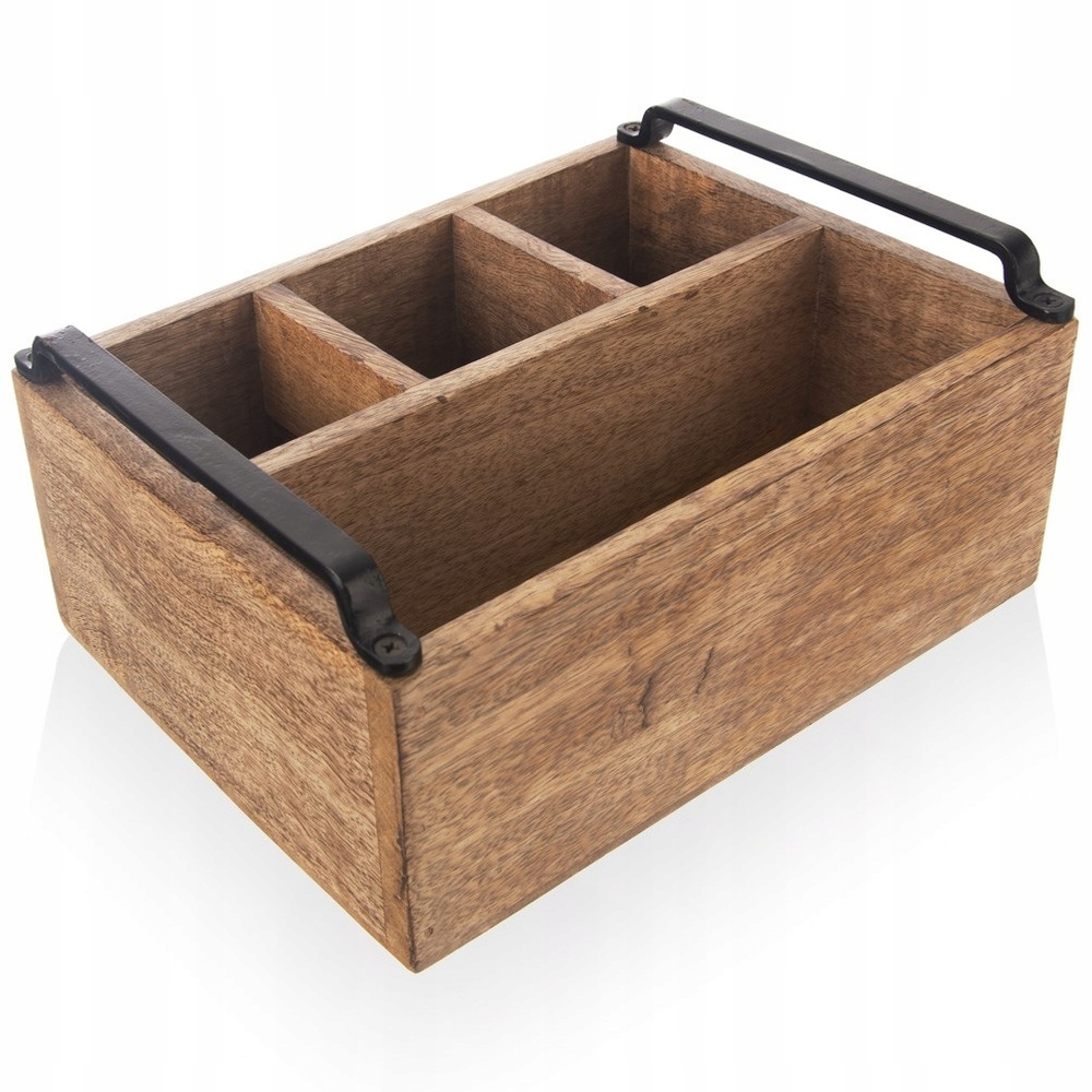Nádoba 25X19,5X10 CM Mangové Dřevo Kovové Úchytky 4 Přihrádky