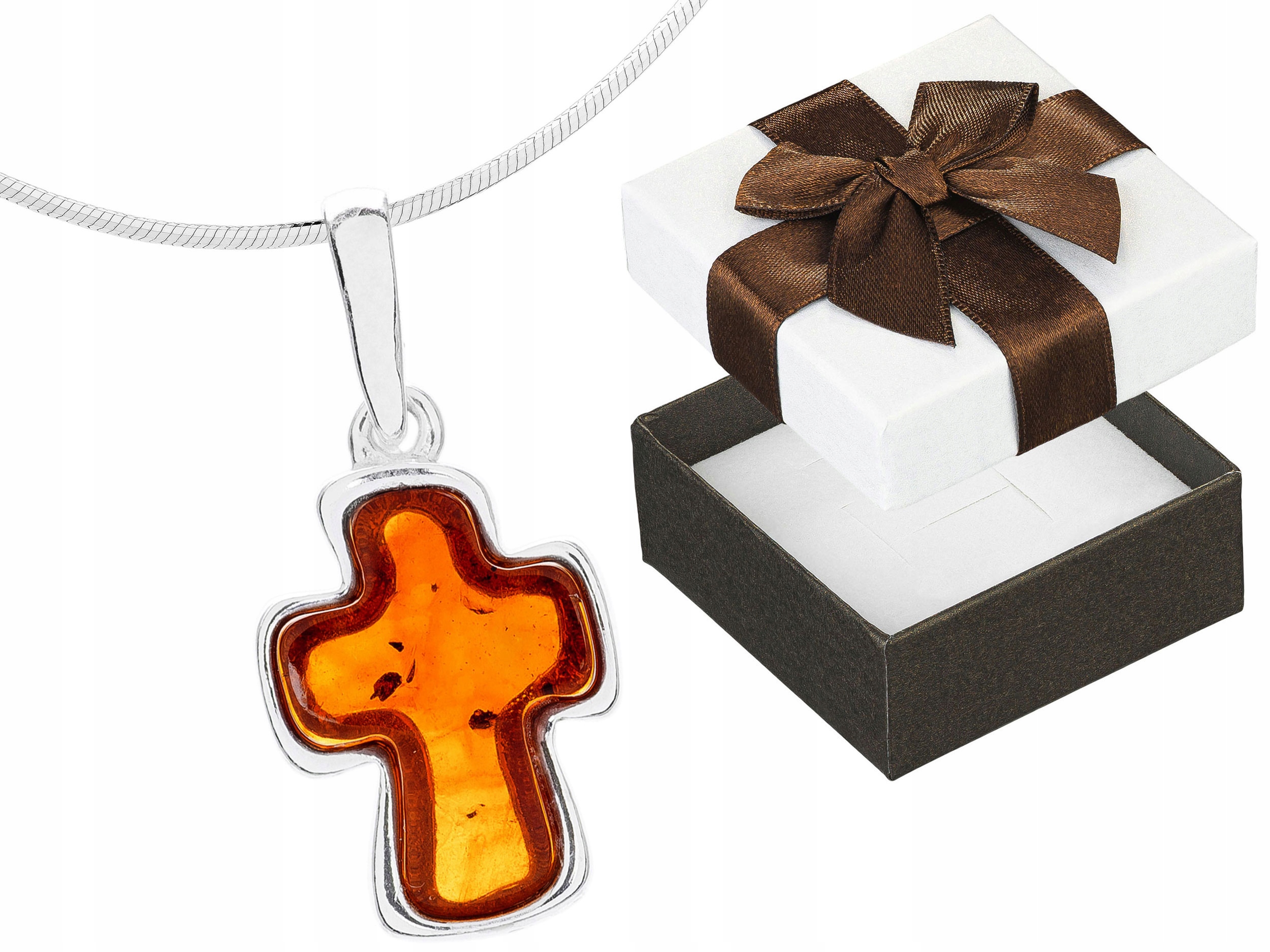 Dlouhý Stříbrný Náhrdelník Křížek s Jantarem Dámský Kříž Jantar 65 cm