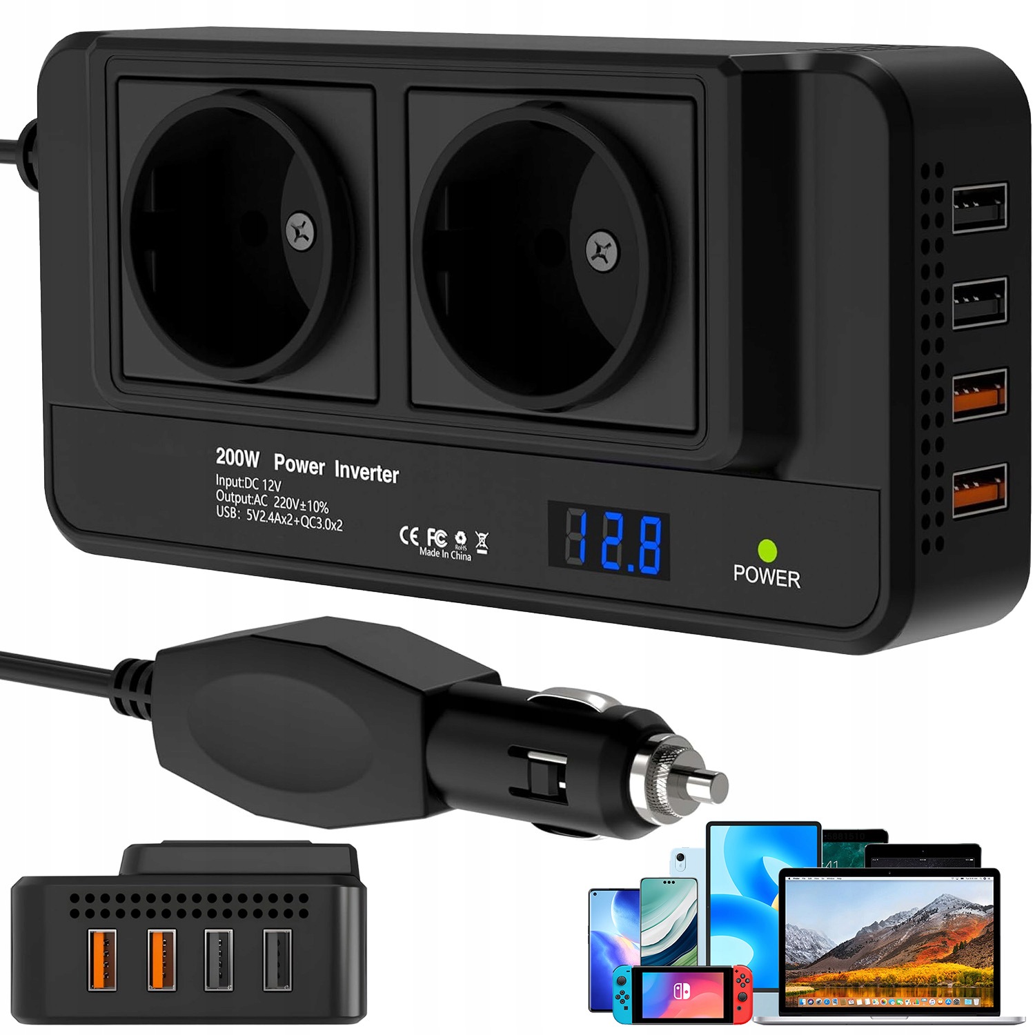 Měnič Napětí Automobilová 200W Výkonný DC 12V Na Ac 220V 110V Čtyři Usb