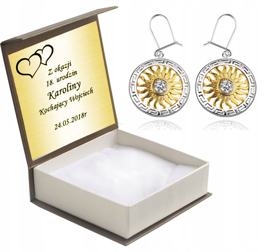 

Pozłacane Srebrne Kolczyki Słońca Cyrkonie +grawer