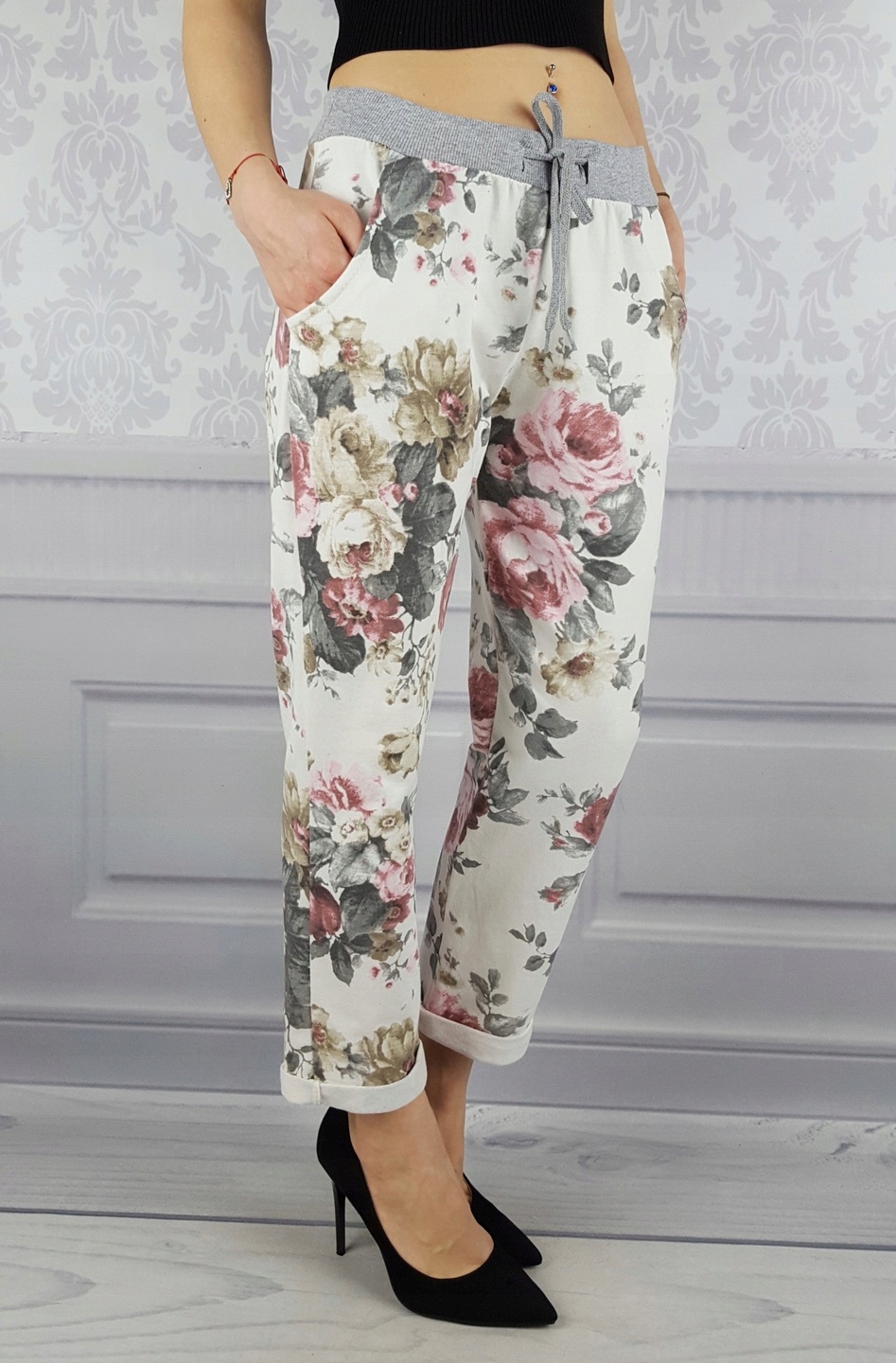 WYGODNE - SPODNIE - DRESOWE - KWIATY - Plus - Size Wzór dominujący inny wzór