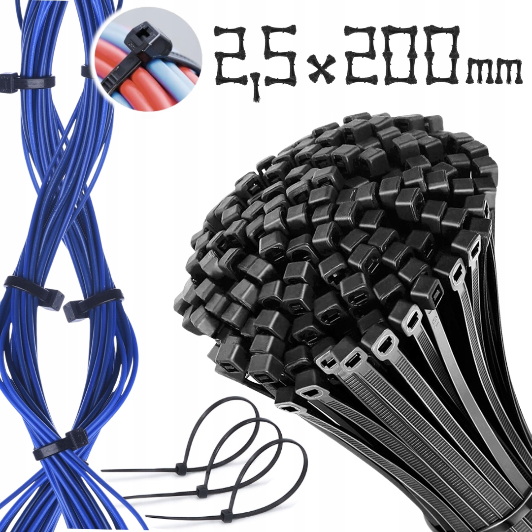 100 SZTUK | TRYTYTKI 2,5 x 200 | OPASKI ZACISKOWE DO KABLI | ZIPPERKI TYTKI