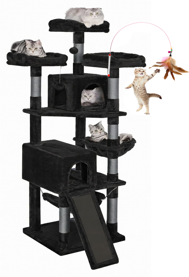 Drapak Pro Kočky Černý Domeček Budka Dřevo Věž XXL 164 cm