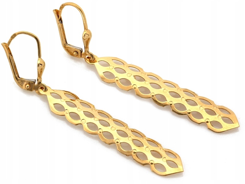 Dlouhé závěsné náušnice ze zlata 585 s prolamovaným vzorem, anglické zapínání
