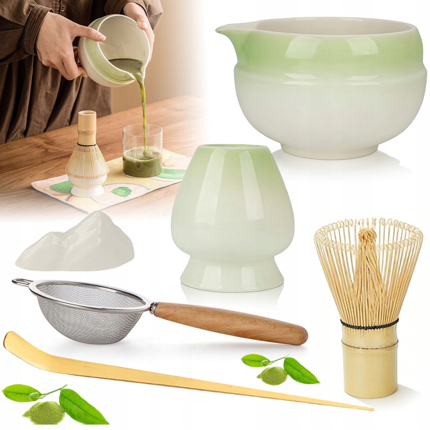Bambusowy Zestaw Do Robienia Matchy Trzepaczka Łyżka Chasen, Miotełka 7W1