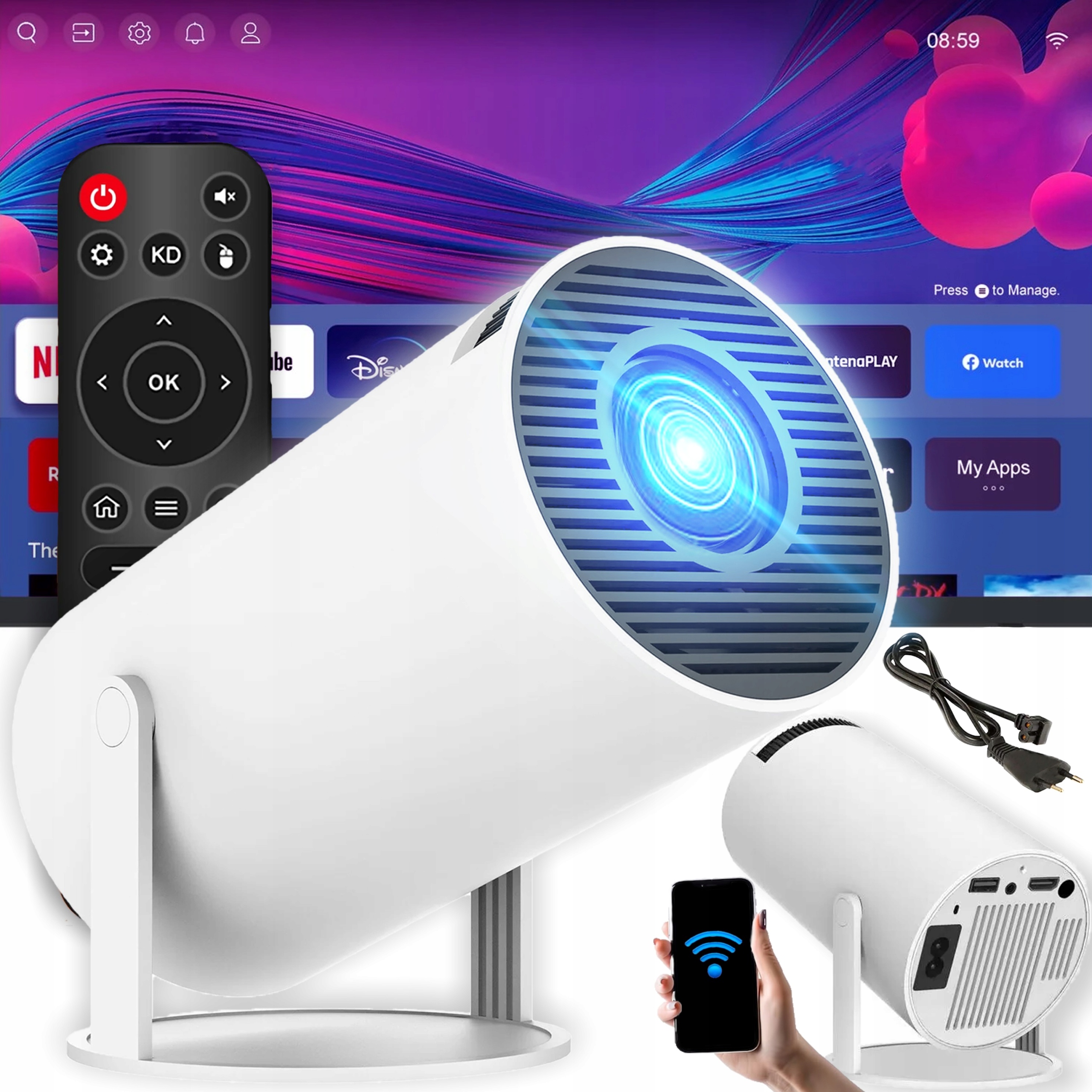 Projektor Rzutnik Wifi Android Przenośny Obrotowy Smart 4K Głośnik Bt 5.0