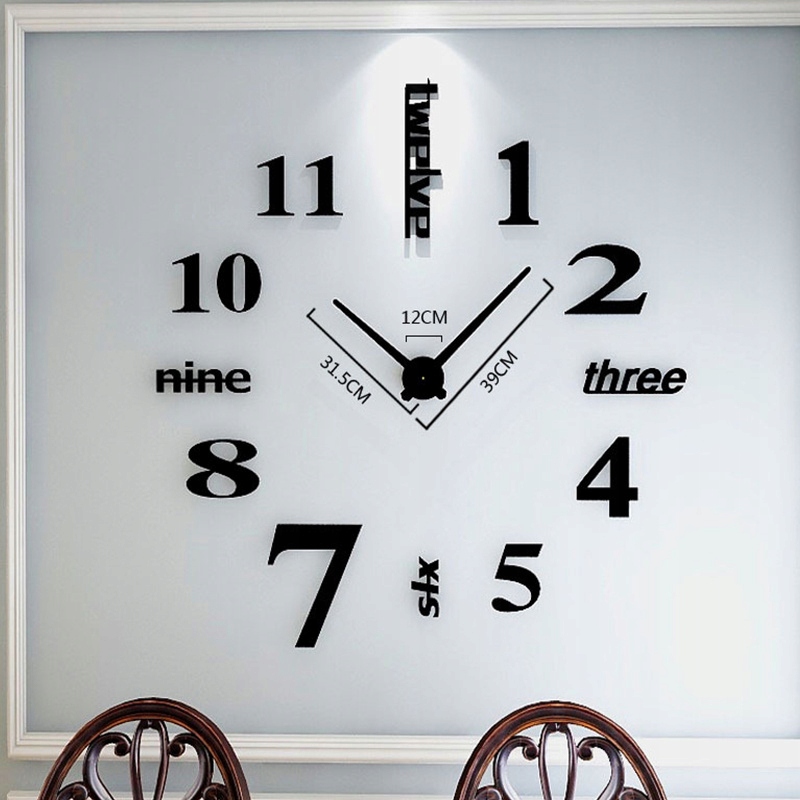 ZEGAR ŚCIENNY DIY DUŻY NAKLEJANY NA ŚCIANĘ 3D CICHY XL 65-130 CM CZARNY Stan opakowania oryginalne