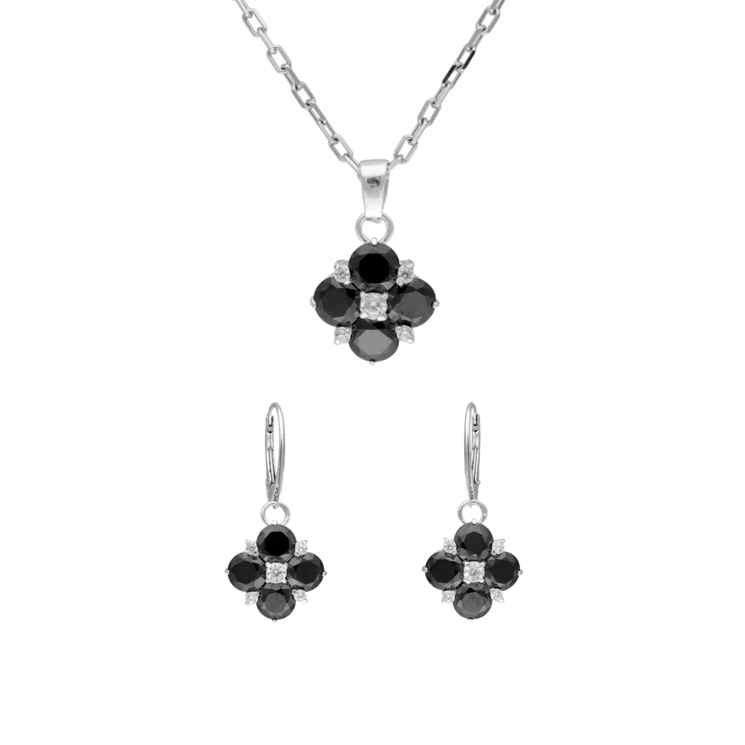 Komplet s černými zirkony čtyřlístek stříbro