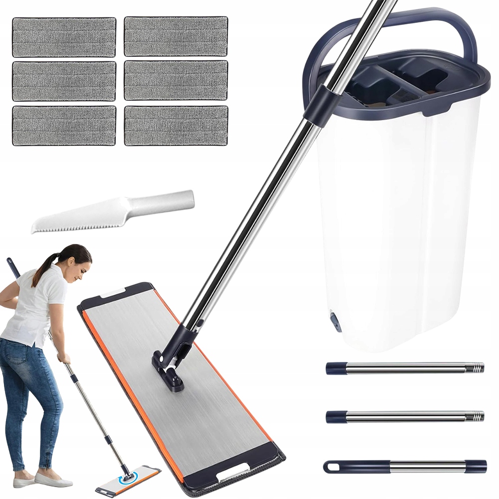 Levně Plochý Mop S Dvoukomorovým Kbelíkem A 6 Utěrkami Z Mikrovlákna, Bílá Sada