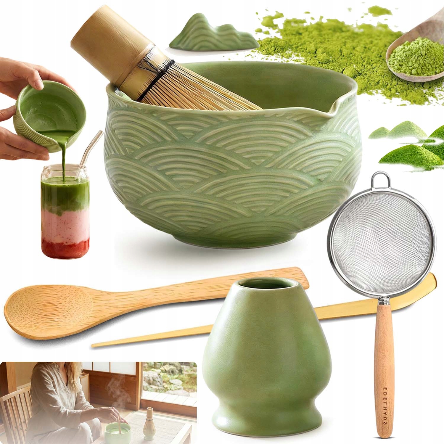 Zestaw Prezentowy Do Herbaty Matcha Czarka Miotełka Podstawka Łyżeczka 7W1
