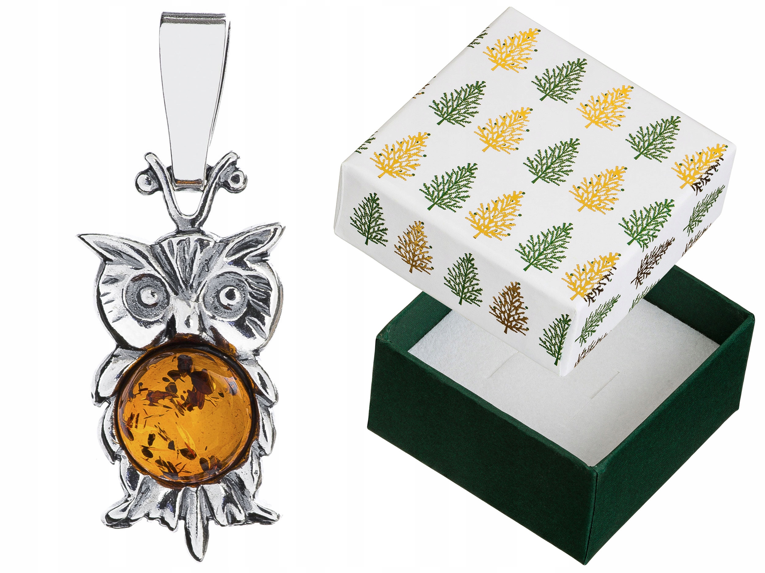 Stříbrný Přívěsek Sova s jantarem Oxidovaný přívěsek Ptáček Pták Stříbro