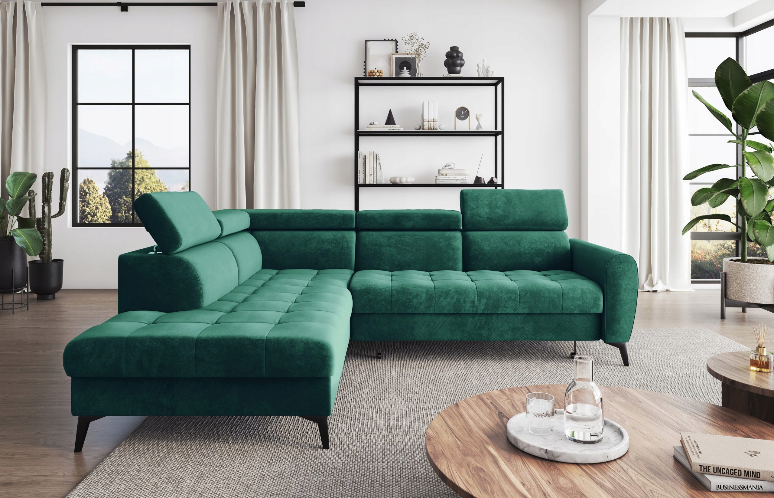 Rohová Sedací Souprava lahvově zelená barva roh Bjorn L levostranný s funkcí spaní do obývacího pokoje.