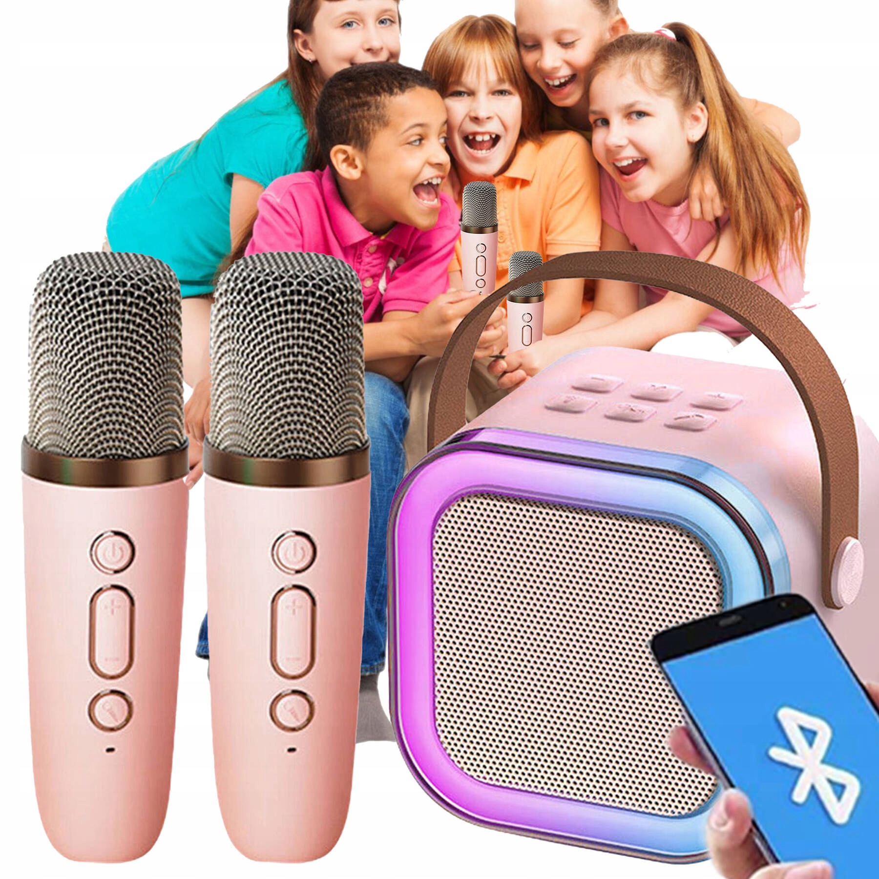 GŁOŚNIK BLUETOOTH PRZENOŚNE KARAOKE LAMPKA RGB 2 MIKROFONY USB SD MINI JACK
