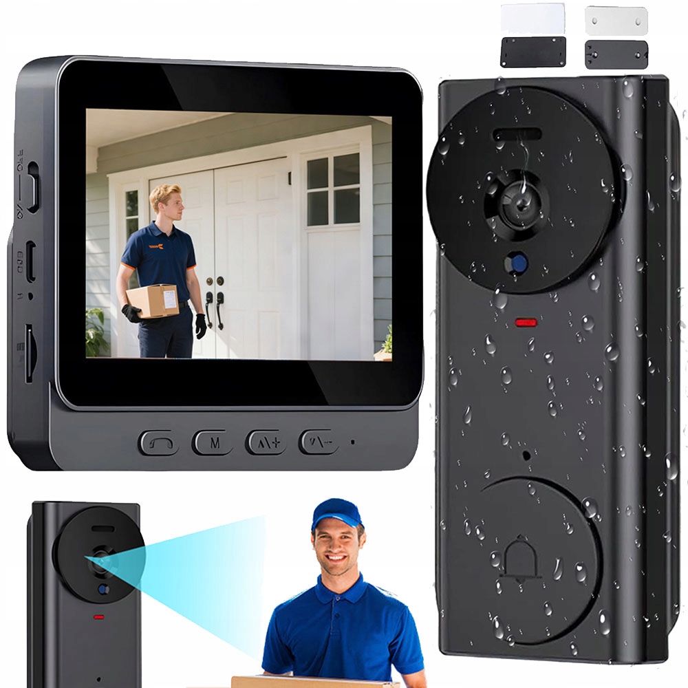 Videodomofon Monitor Bezdrátový Videozvonek Černý 120° 4.3'' IP65