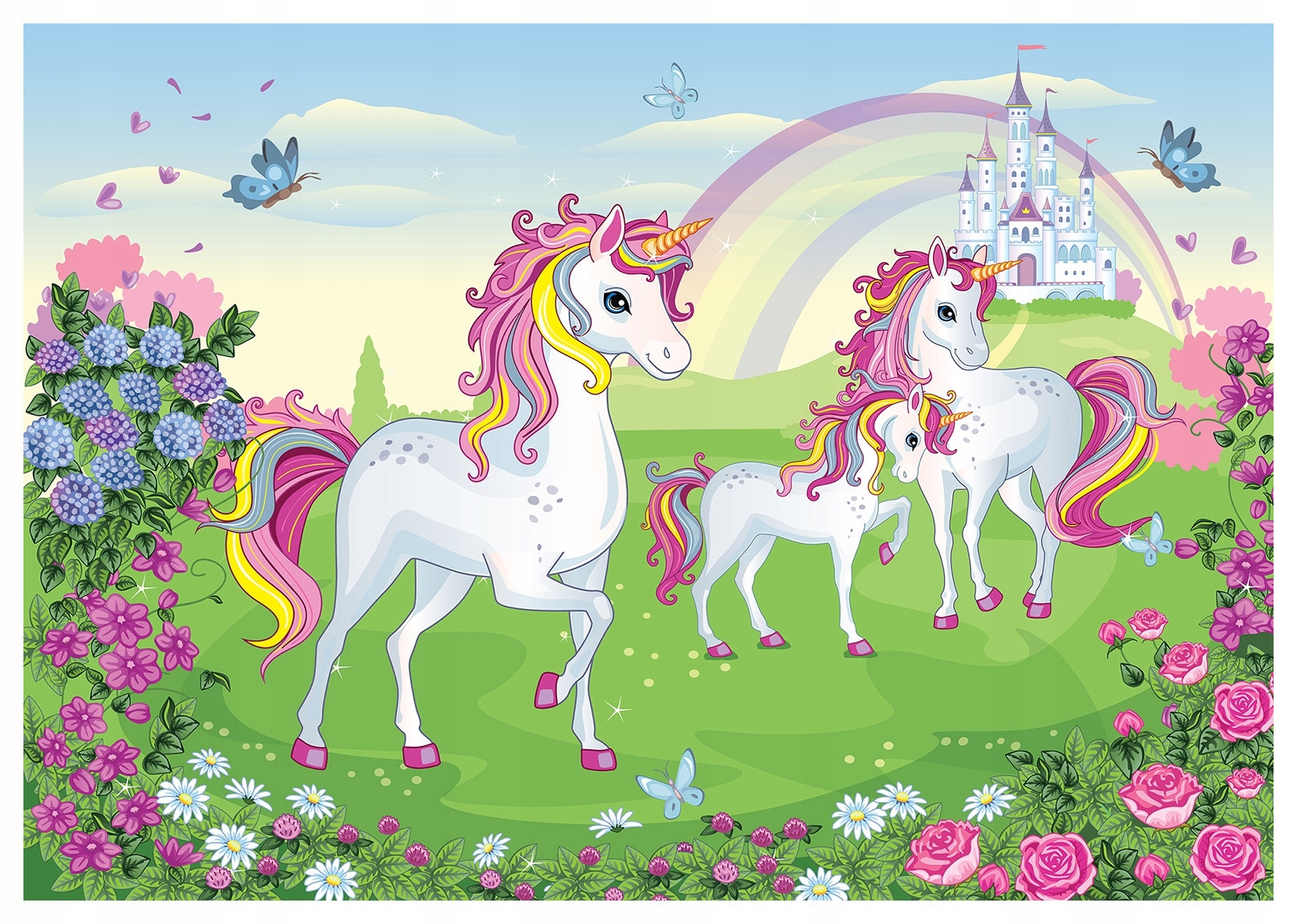 Fototapeta Jednorožci zámek květiny do dětského pokoje 416x290 lepidlo