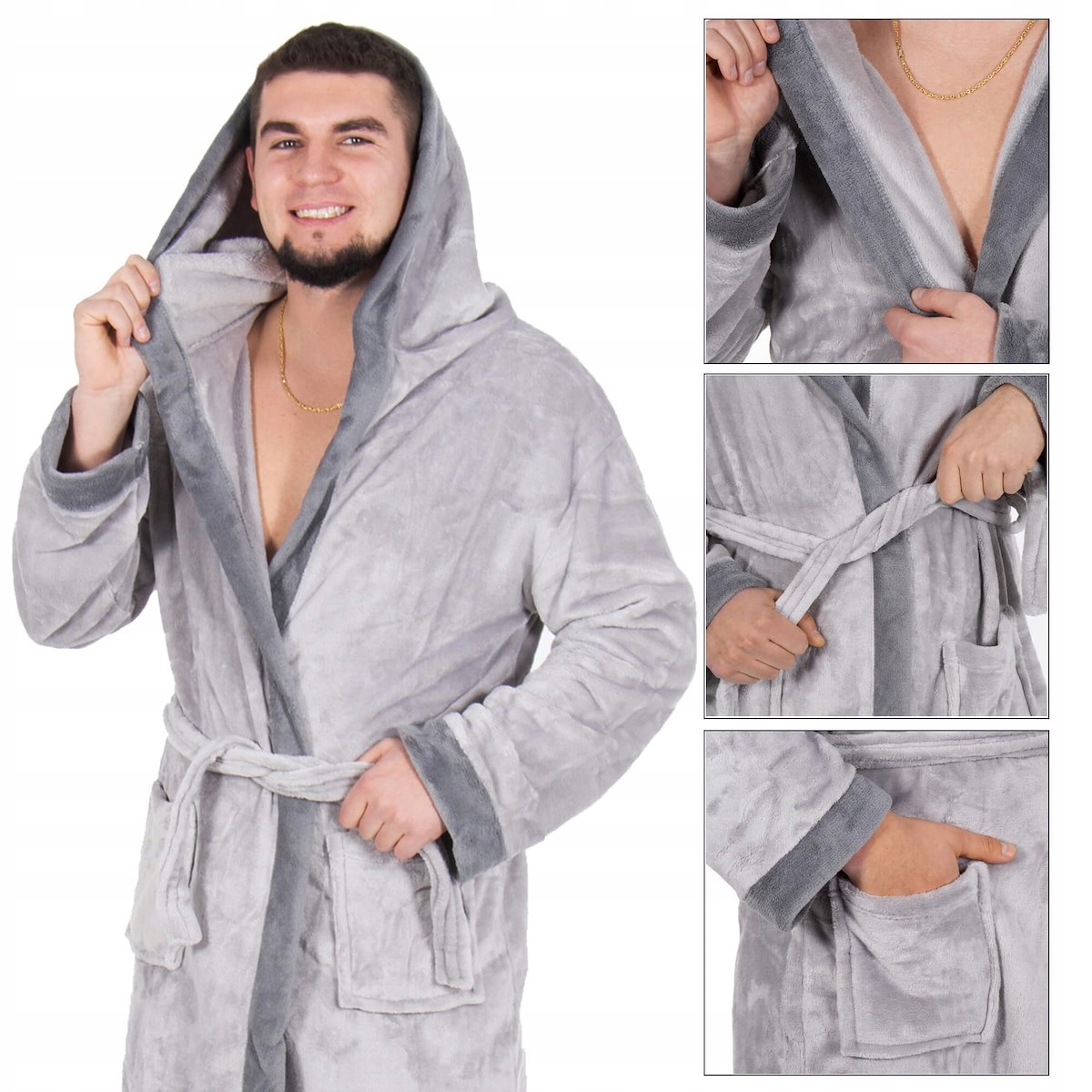 SZLAFROK MĘSKI SZARY CIEPŁY DŁUGI JAKOŚĆ ELEGANCKI Z KAPTUREM R.M/L Długość długie