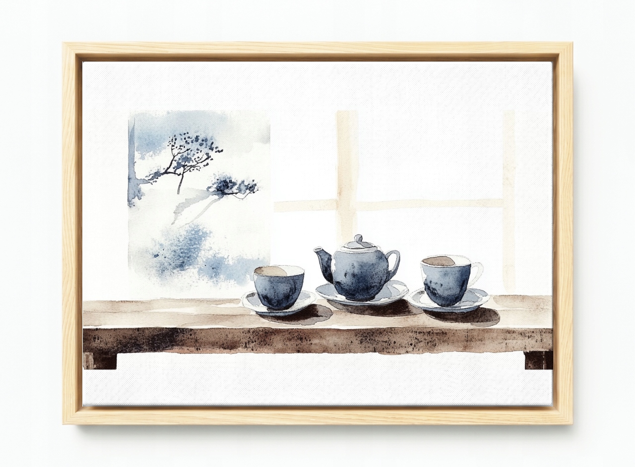 Obraz Rama American Box Japandi Orientální Čaj Šálky Zázvor Okno 60x40
