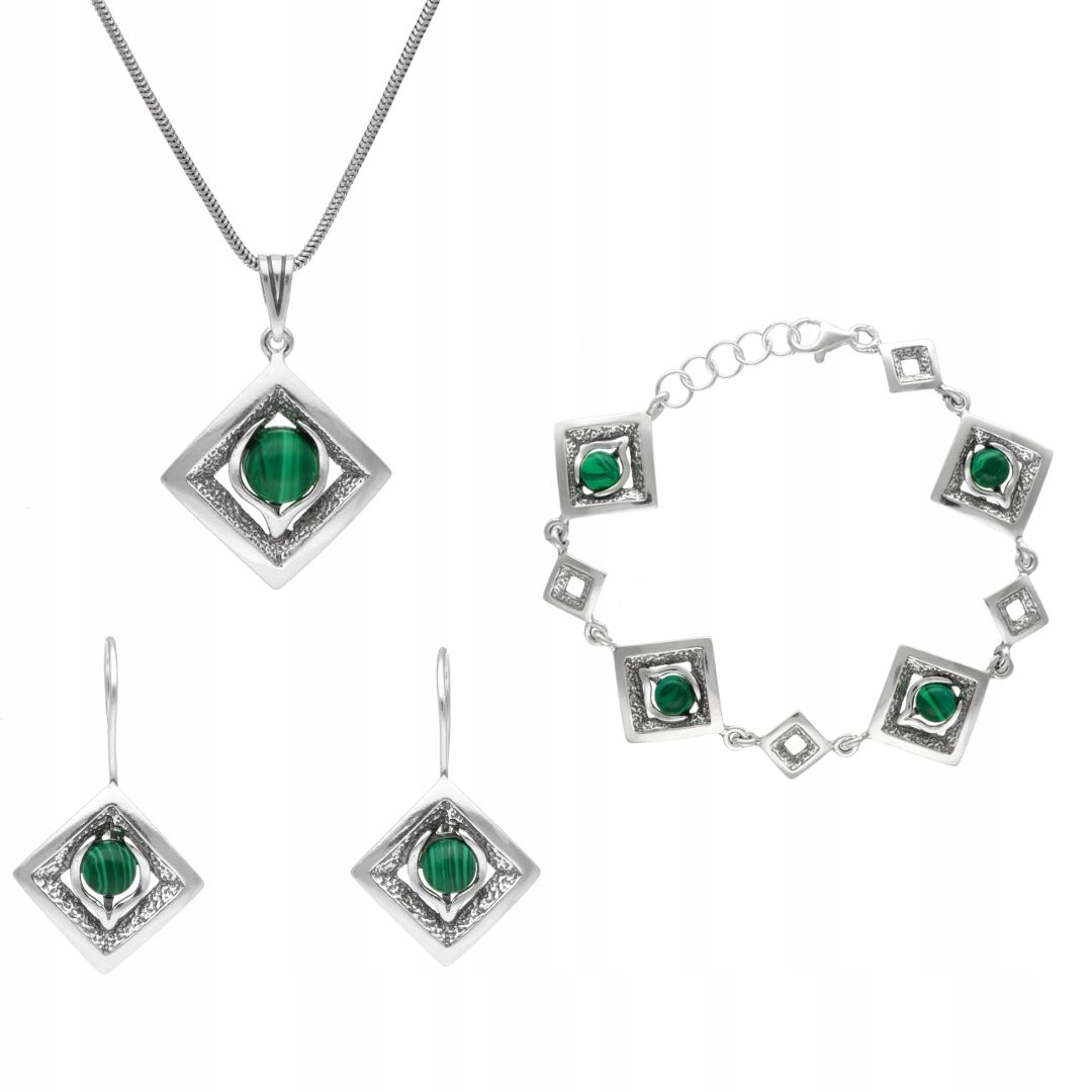 Komplet kosočtverců s malachitem, stříbro
