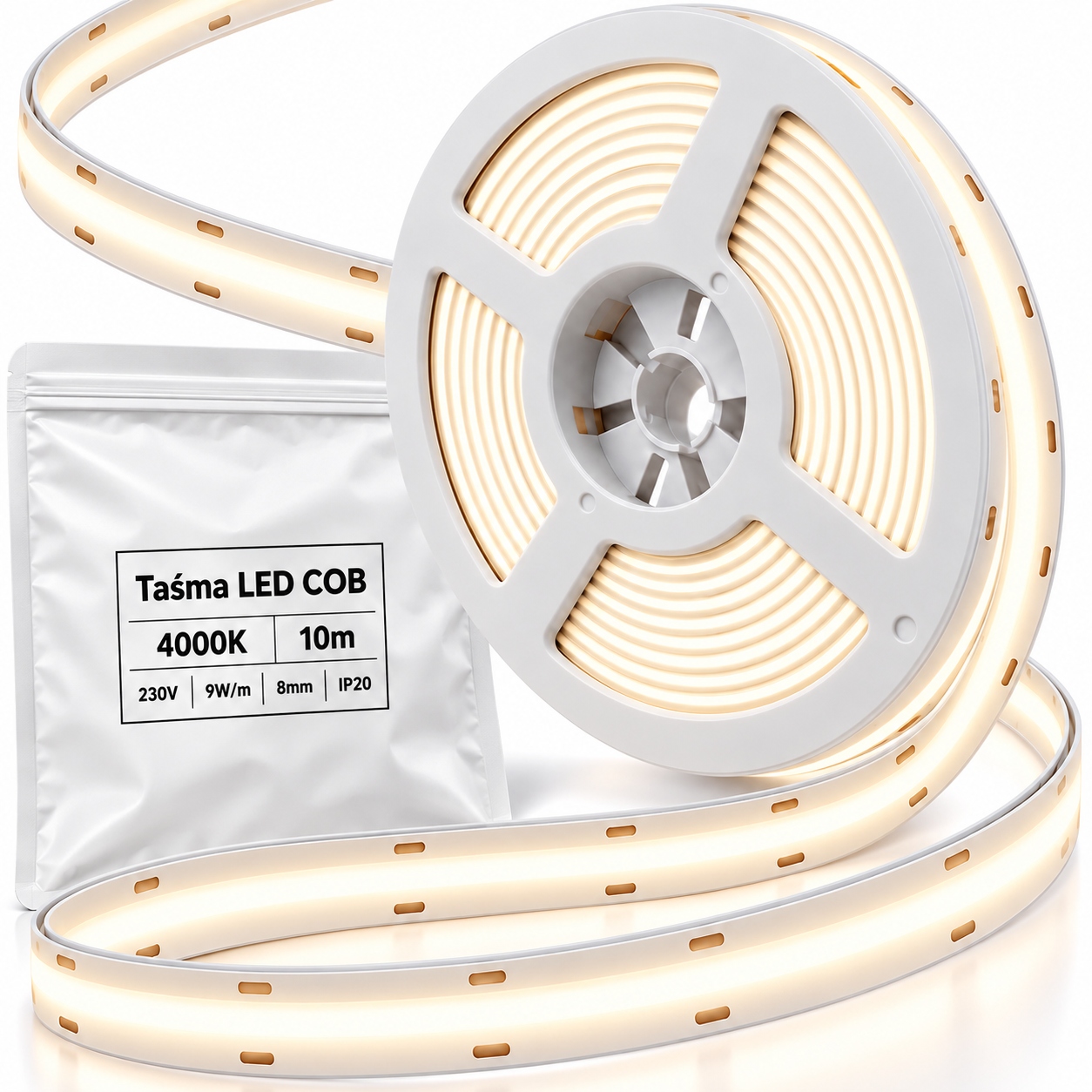 230V Led pásek Cob 10m 4000K neutrální bílá 9W/m IP20 pro profil 8mm