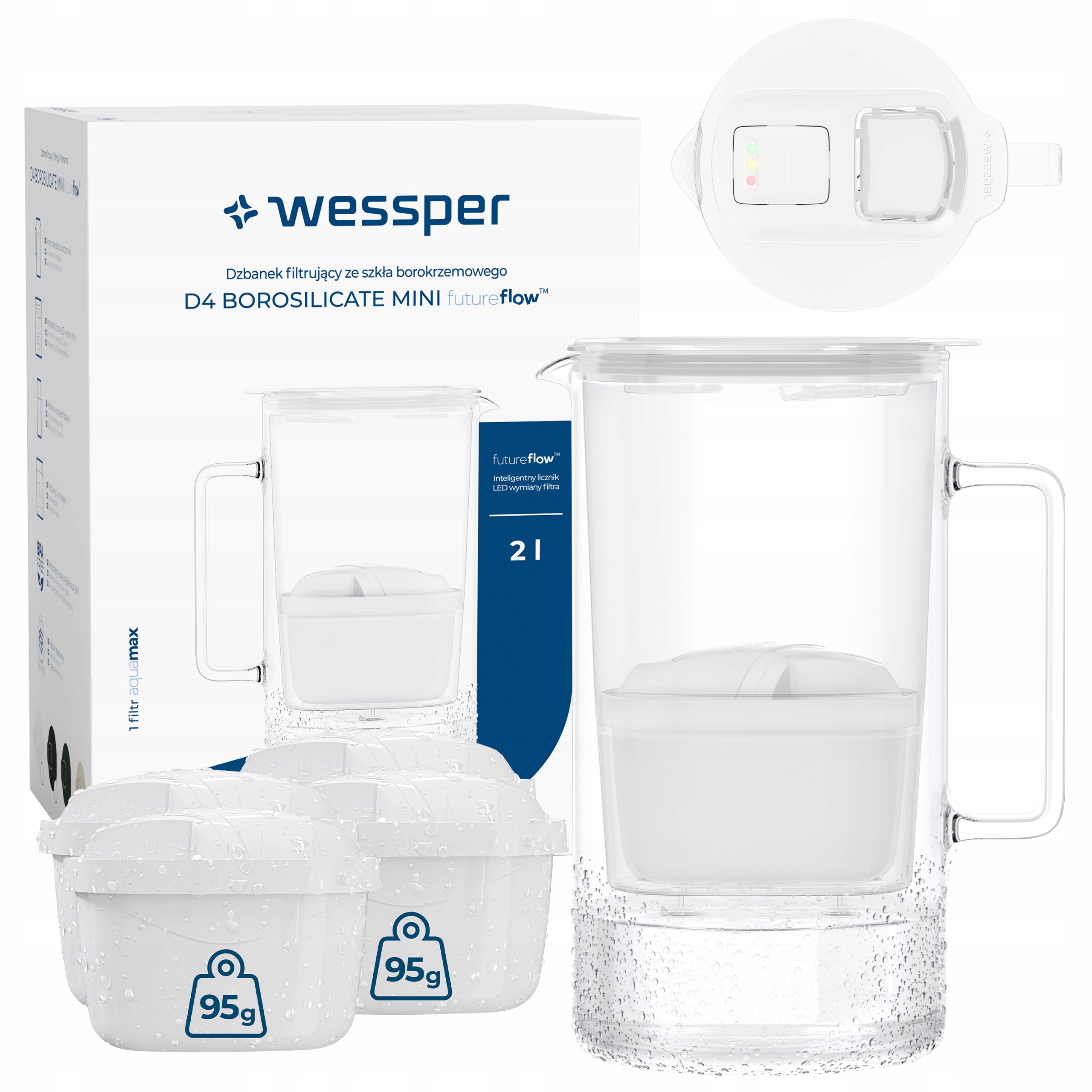 Szklany dzbanek filtrujący Wessper D4 Borosilicate Mini 2l 5x filtr