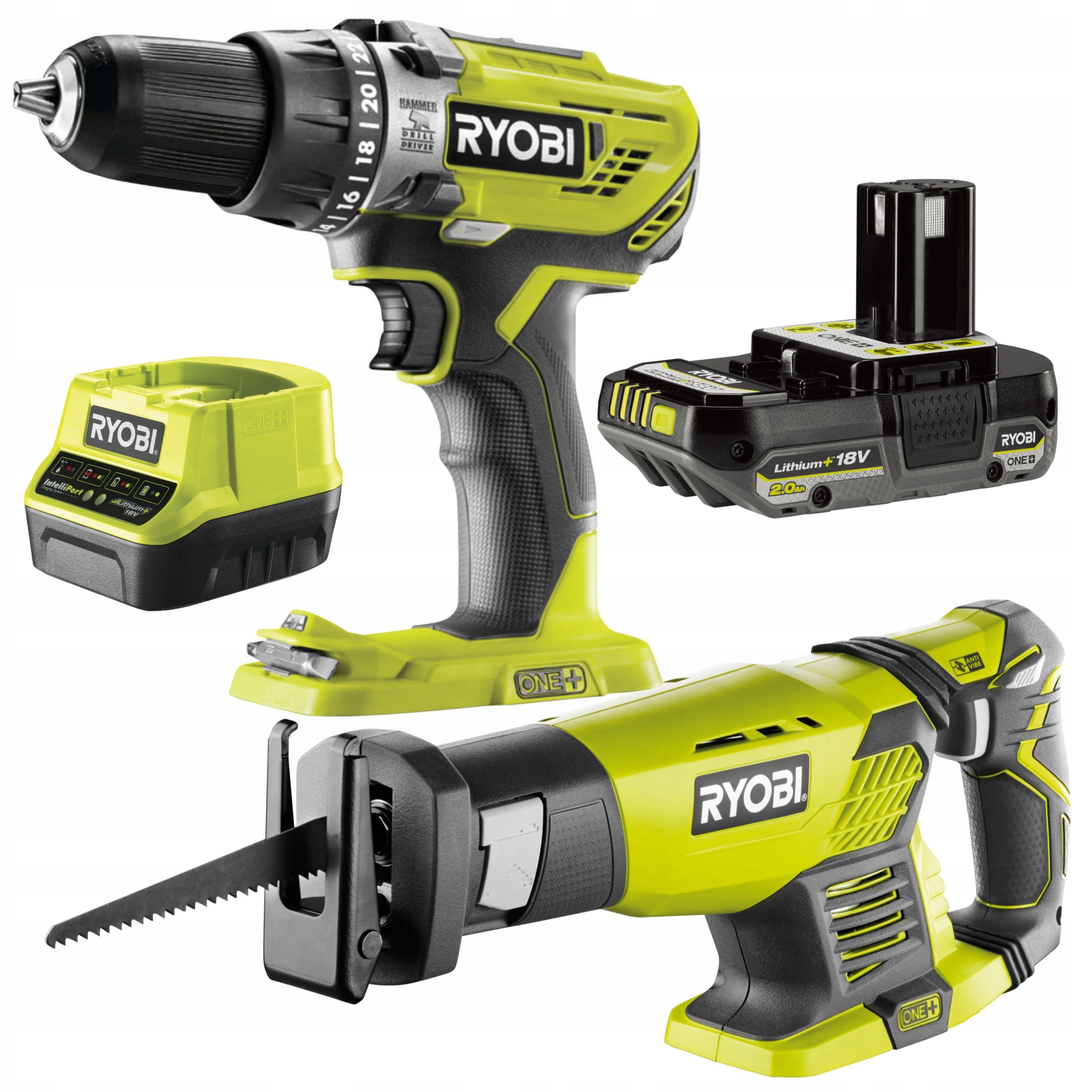 Vrtačka Aku Šroubovák Ryobi Příklep R18PD3+ Pila Ocaska RRS1801M +2AH.