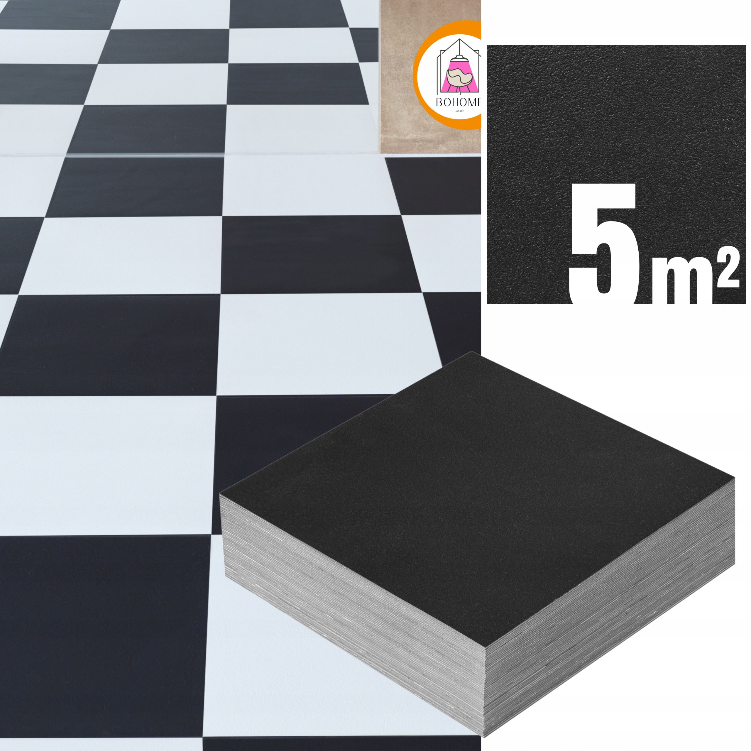 Płytki Winylowe Samoprzylepne Czarne Kafle 5 m² do Karo Wodoodporne Szacho*