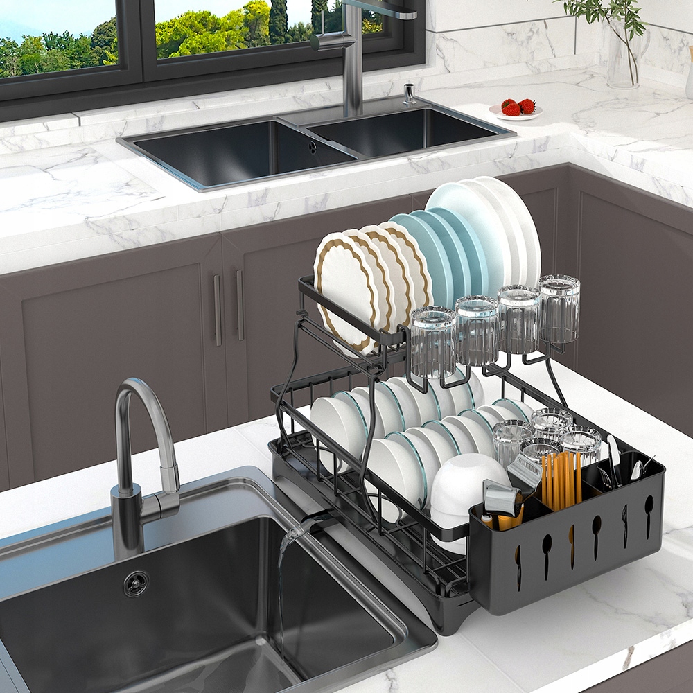 SUSZARKA DO NACZYŃ OCIEKACZ Z ODPŁYWEM DWU POZIOMOWA 44x31x33 CZARNA Marka bez marki