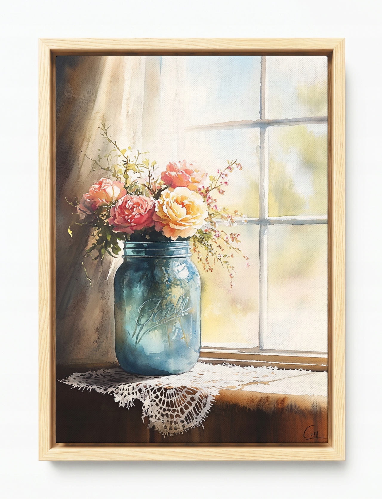 Obraz Rám Americký Box Akvarel Květiny Růže Sklenice Okno Shabby Chic 40x60
