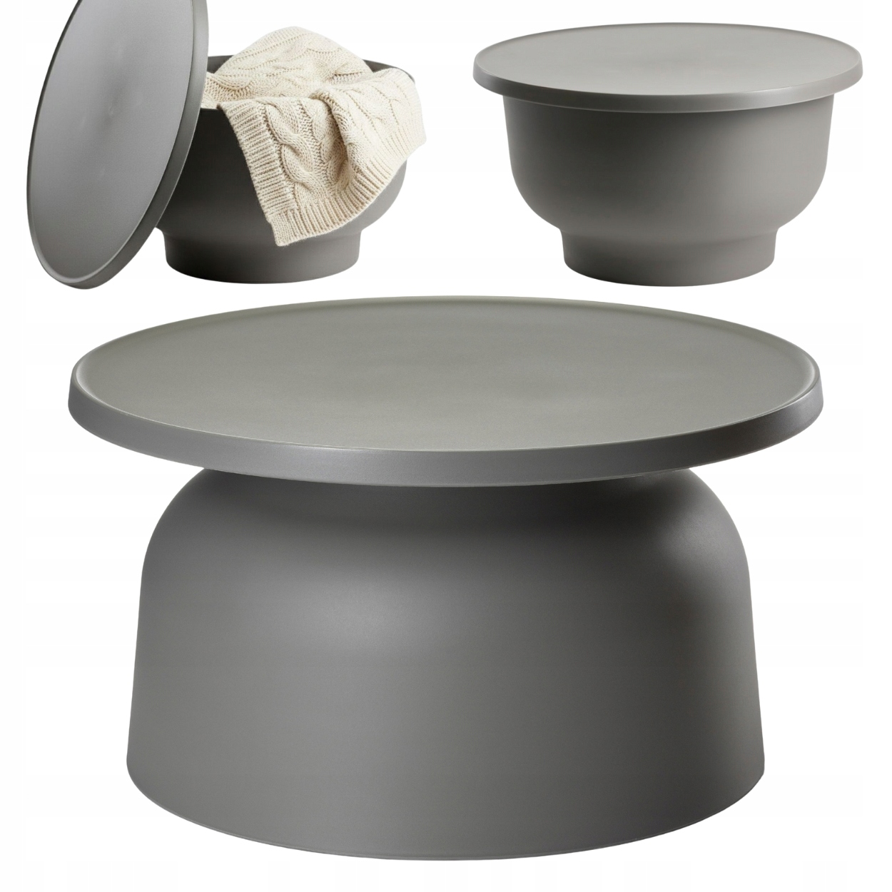 Konferenční stolek OTTO2 šedý, nízký stolek Loft do obýváku/na zahradu, kulatý, 66 cm, plast