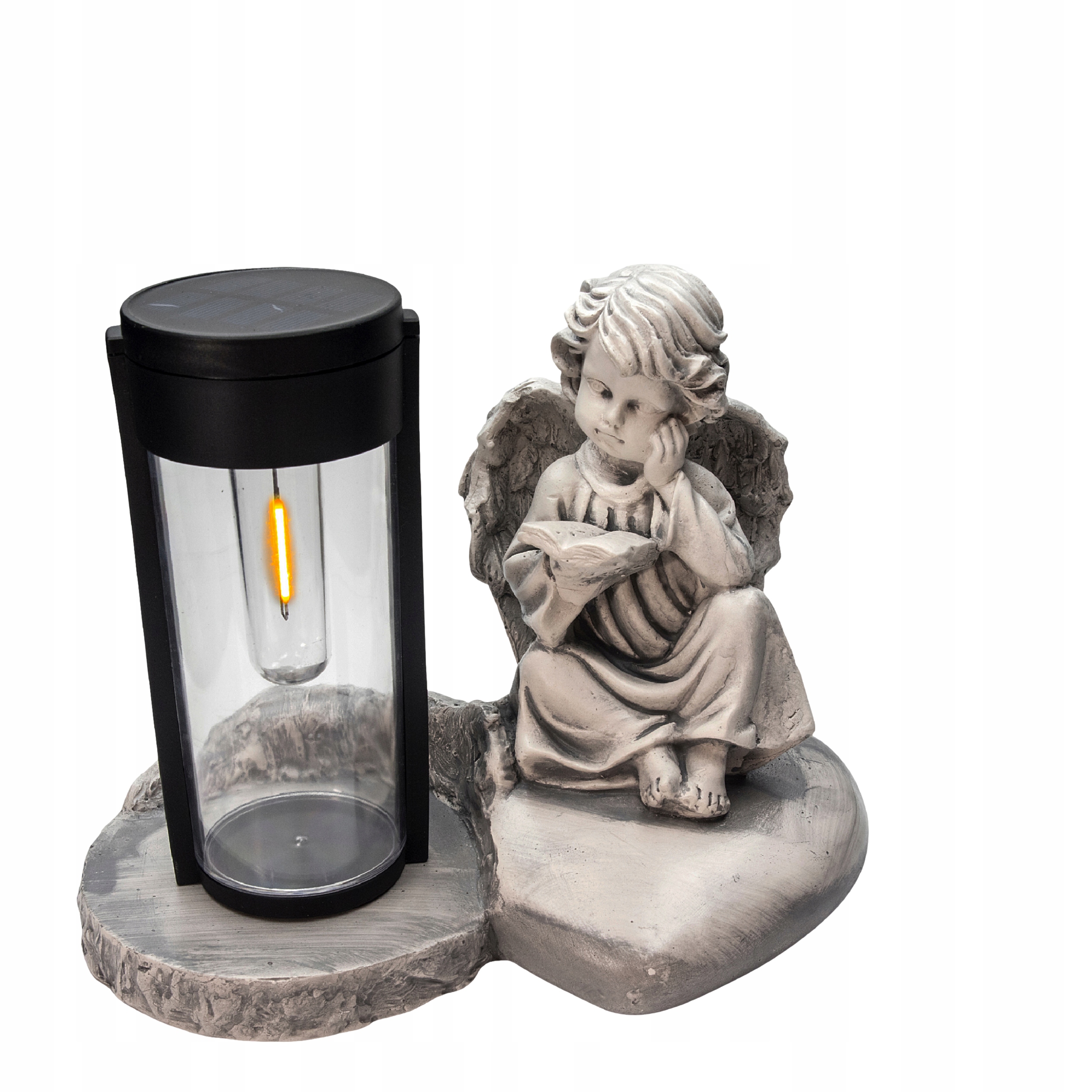 Hřbitovní Svíčka Sádrová Figurka Šedý Anděl Kniha Lampička Solární Lampa Sádra