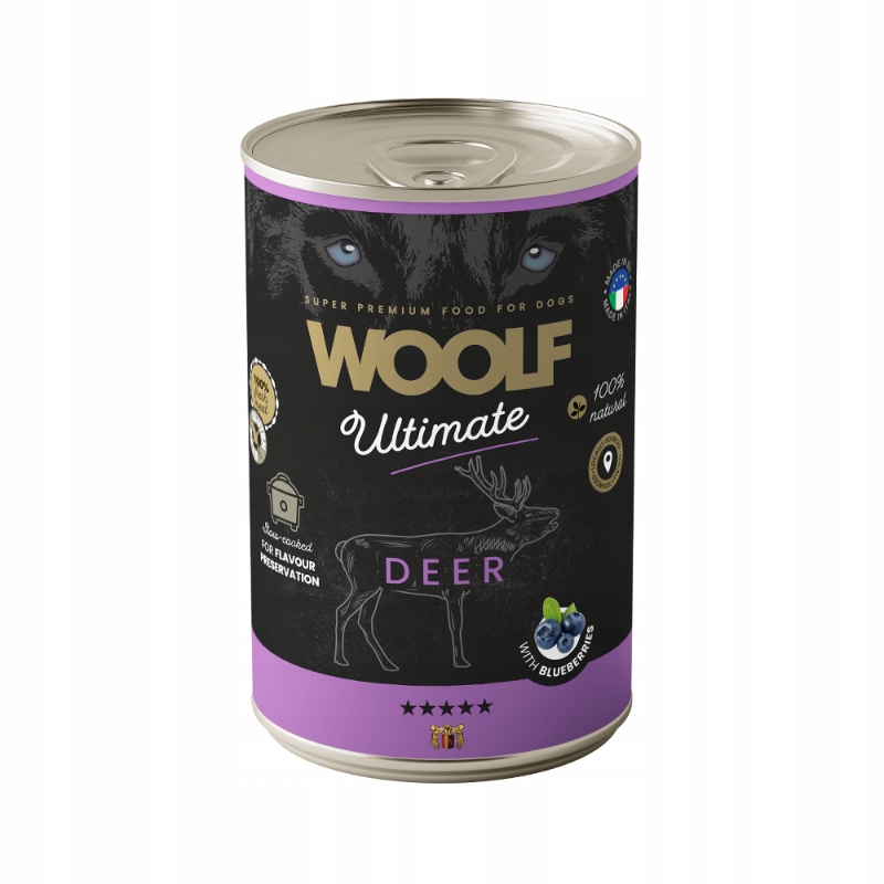 Levně Woolf Ultimate Plechovka Vlhké krmivo pro psy adult Jelenina Borůvky 6x400g