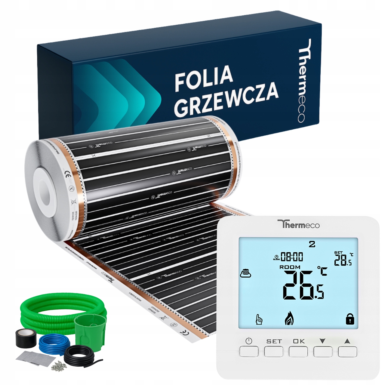 Folia grzewcza grzejna 150W/m² termostat biały zestaw Thermeco H8 15m²