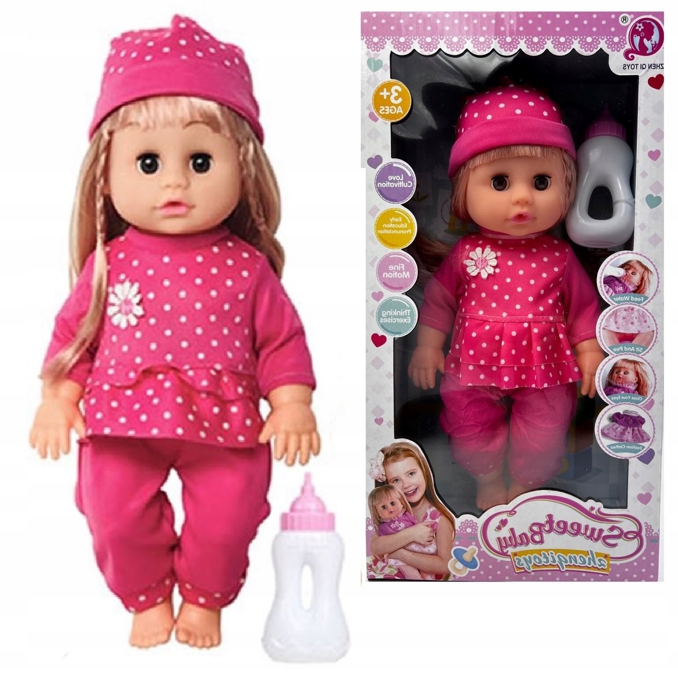 Duża lalka bobas jak żywa interaktywna dźwięk, akcesoria: butelka, ubranka Materiał plastik tkanina