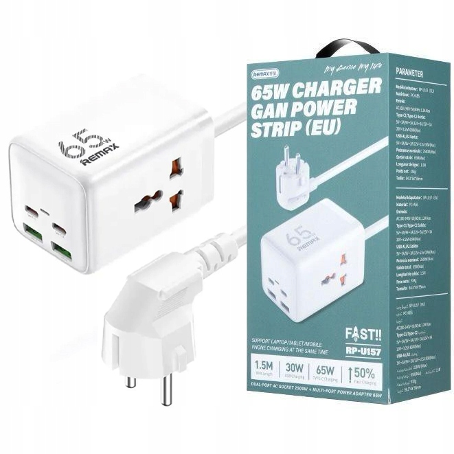 Listwa zasilająca Stacja ładująca Usb i Usb typ C 230V 6 urzadzeń GaN 65W