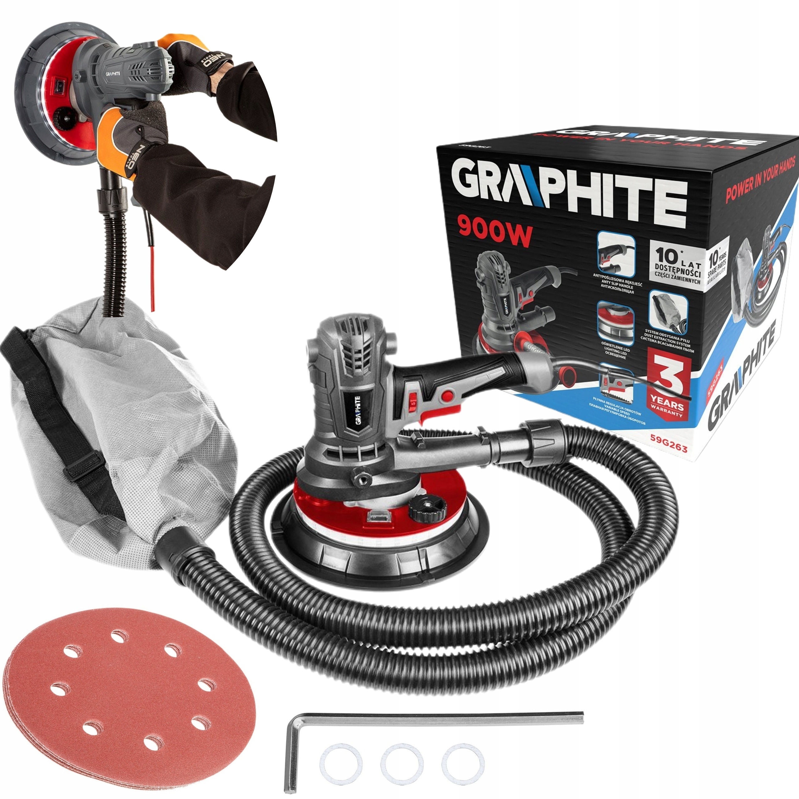 GRAPHITE SZLIFIERKA DO GIPSU 900W 180MM LED 59G263