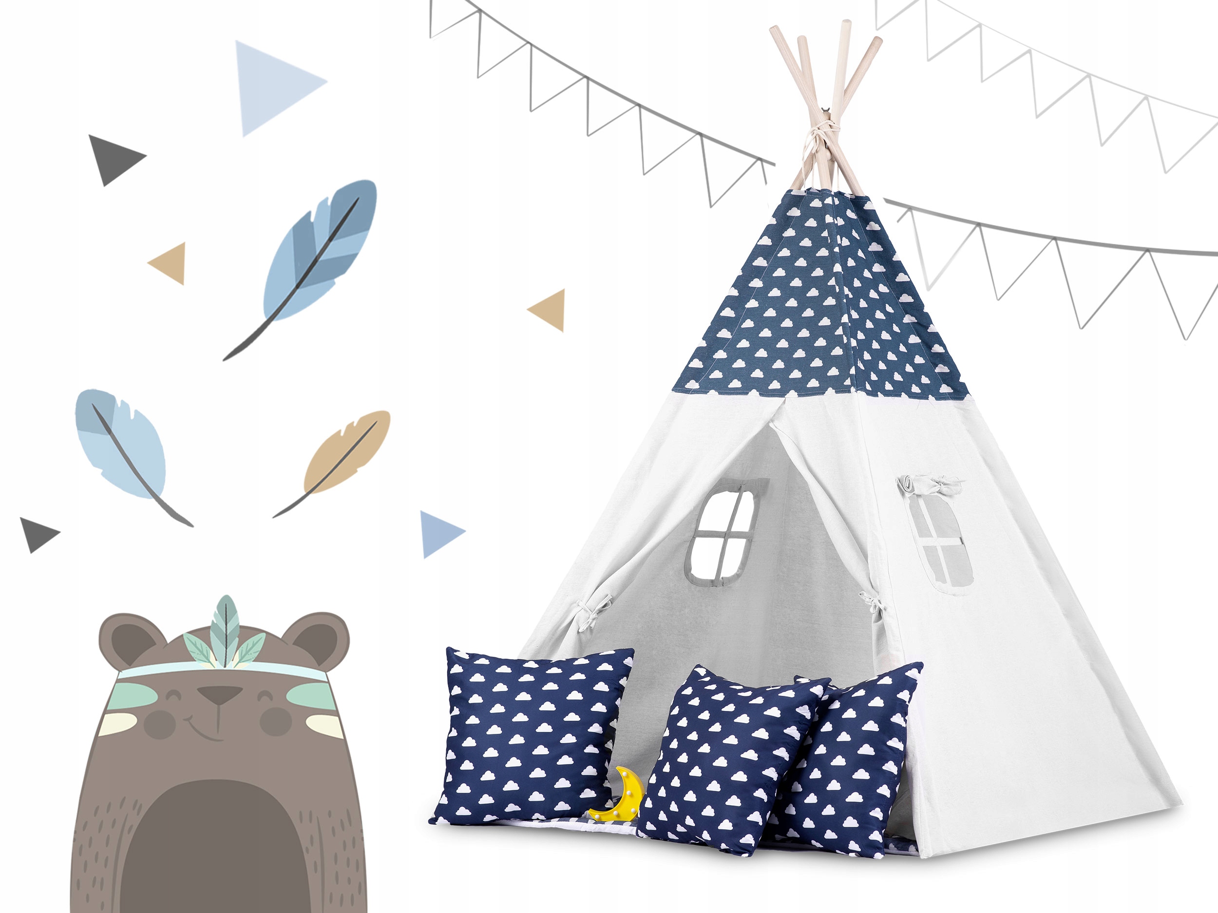 TIPI namiot wigwam dla dzieci Girlanda Poduszki + lampka LED RicoKids Szerokość produktu 120 cm