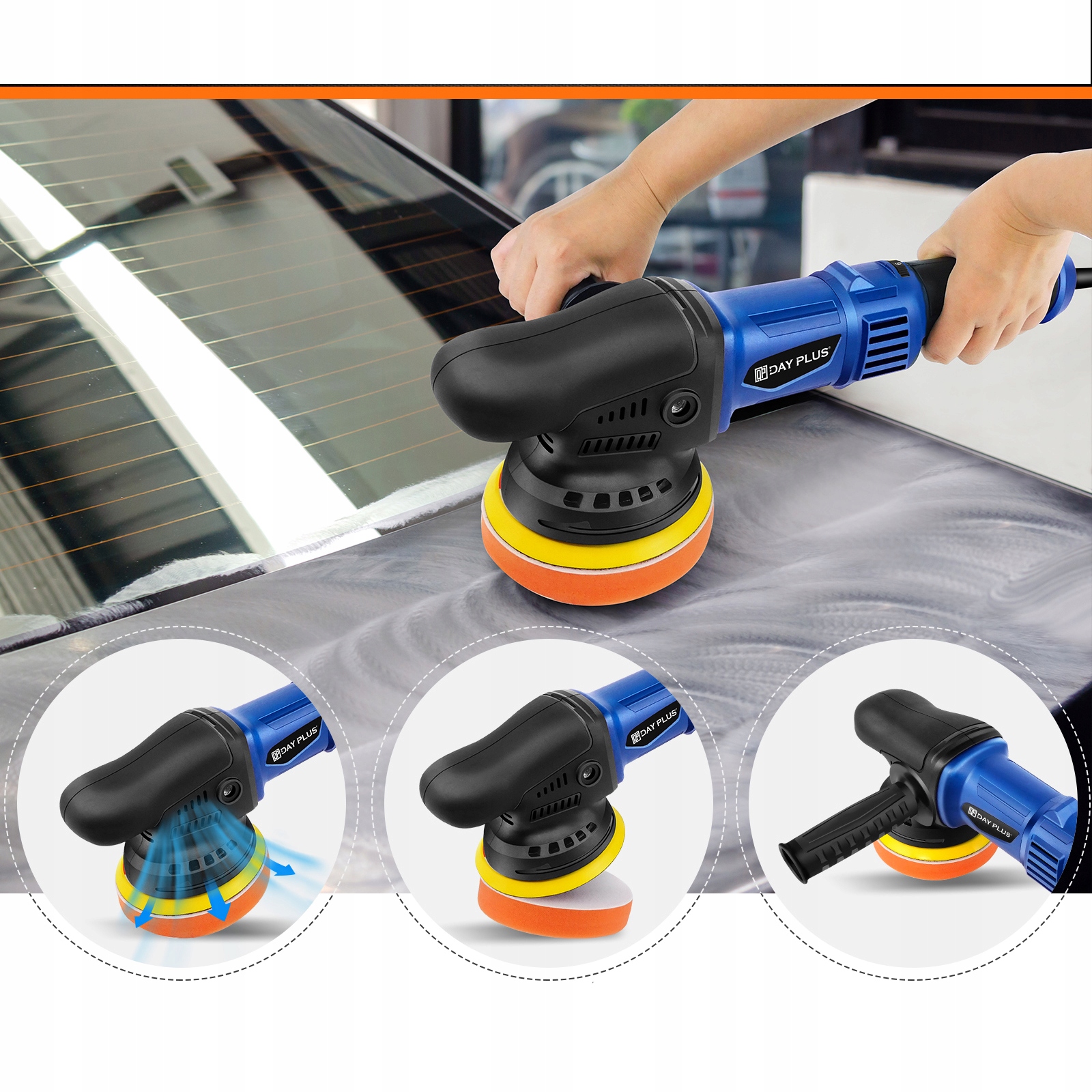 POLERKA SAMOCHODOWA SZLIFIERKA Z REGULACJĄ OBROTÓW + ZESTAW GĄBEK + FILC Marka DayPlus