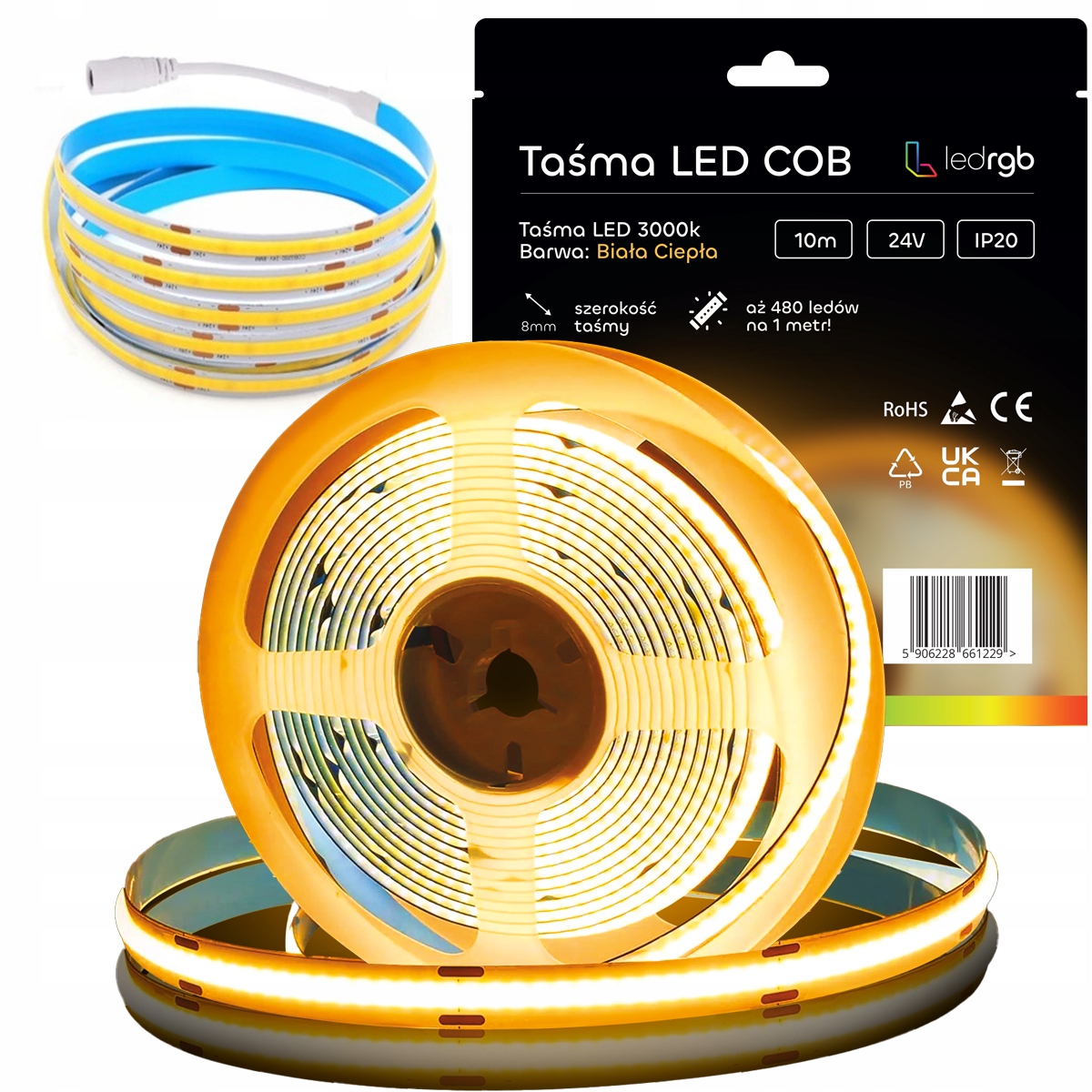 Led páska Neon Cob 24V 10 m 480 diod 3000K Bílá Teplá Homogenní 8MM