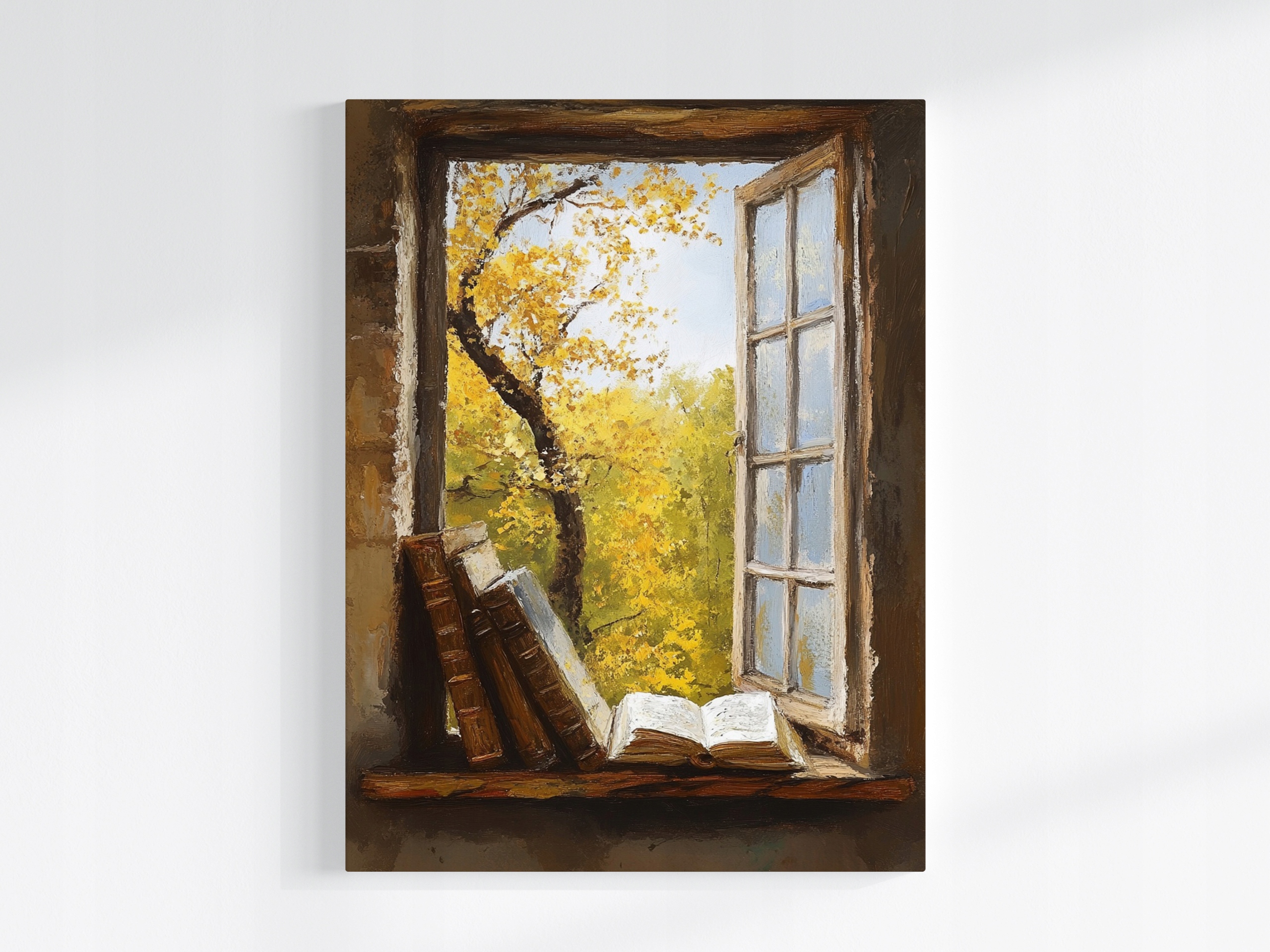 Obraz Na Plátně Canvas Okno Knihy Podzim Pohled Na Strom Nostalgie 75x100
