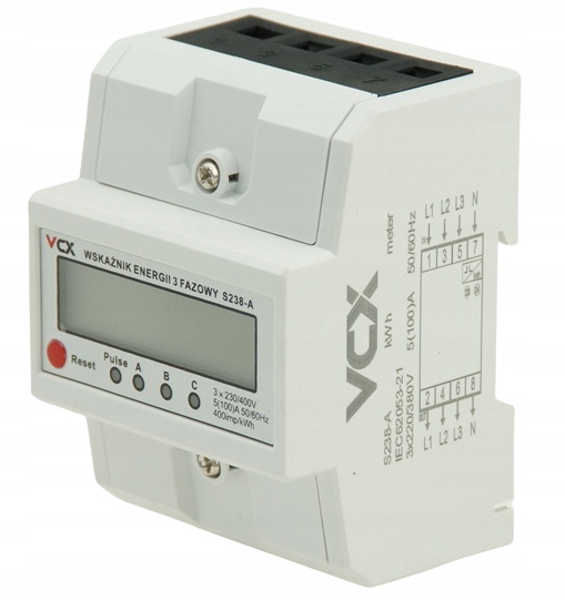 Počítadlo Indikátorů Energie 3-FÁZOVÝ LCD S Funkcí Reset 100A 3 X 230V IP20