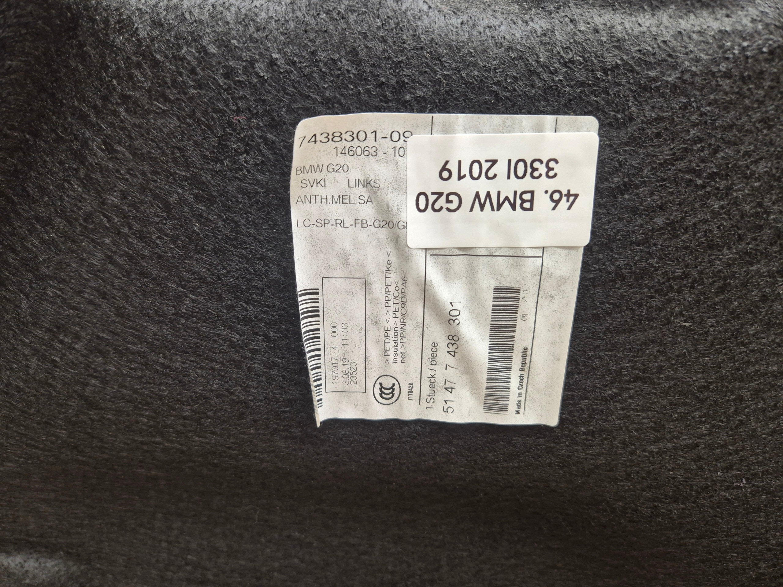 BMW 3 G20 M3 G80 boot upholstery left passenger compartment 7438301